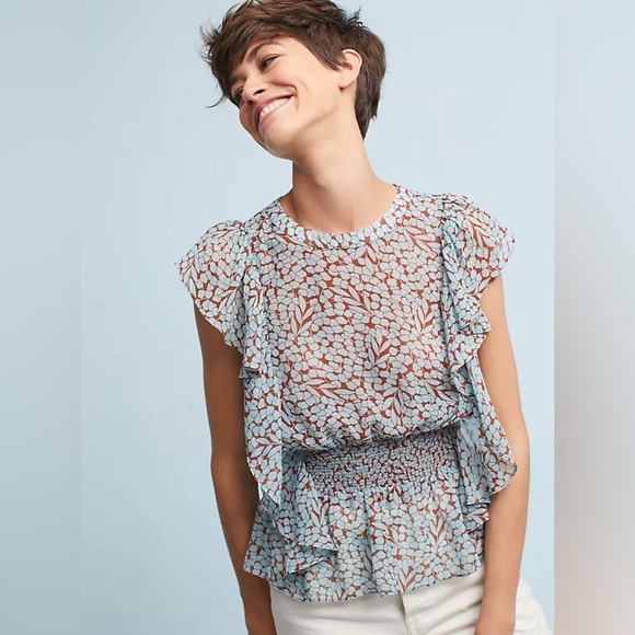 ANTHROPOLOGIE Feather Bone Allegra Top Ruffles Smocked M - Picture 9 of 9